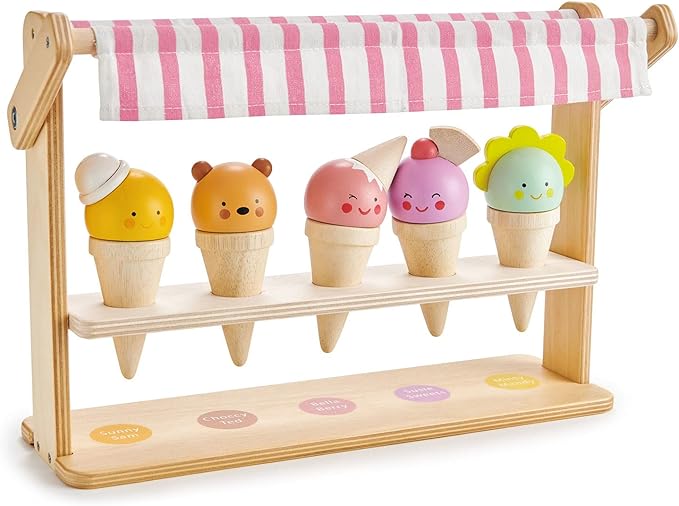 Tender Leaf Toys - Scoops and Smiles - Ice Cream Toy Shop with 5 Solid Wood Pretend Play Set for Kids, Play Food and Accessories, Encourage Role Play and Develops Social Skills - Age 3+
