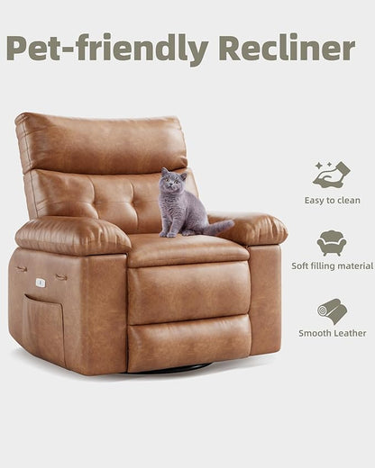 Oversized Electric Recliner Chair - 360° Rocker Swivel Recliner with Heat and Massage, PU Leather Large Power Recliner for Adults, Comfortable Lazy Chair with 1.5X Sponge Filling