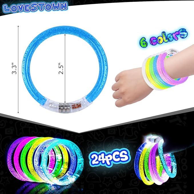 LovesTown 24PCS Glow Bracelets Bulk, LED Bracelets Light up Wristbands Glow in the Dark 6 Neon Colors for Birthday Party Favors Carnival Concerts Rave Party