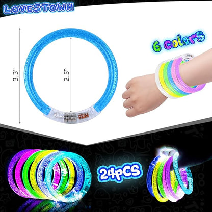 LovesTown 24PCS Glow Bracelets Bulk, LED Bracelets Light up Wristbands Glow in the Dark 6 Neon Colors for Birthday Party Favors Carnival Concerts Rave Party
