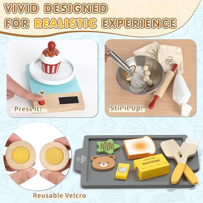 Lehoo Castle Play Food Set for Kids Kitchen, Play Kitchen Accessories Wooden, Kids Baking Set for Boys, Toys Cupcakes and Cookie Maker for Kids, Preschool Cooking Toys for Toddlers Boys Girls Ages 3+