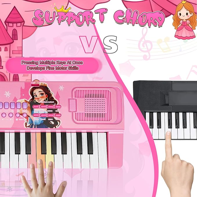 Upgraded 37 Keys Kids Piano Keyboard with Mini Microphone Music Stand – Portable Musical Toys for Toddlers Ages 3 4 5 6 Girls Birthday Gift - Pink