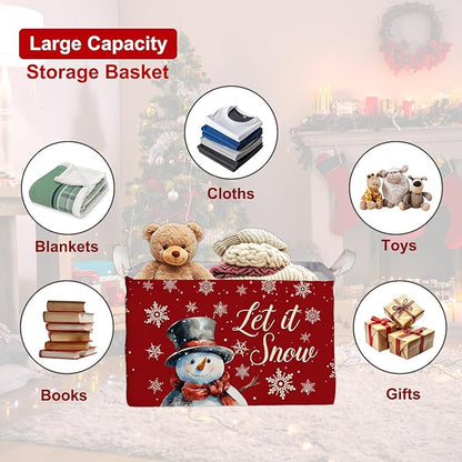 Merry Christmas Snowman Rectangular Basket,Waterproof Boxes with Handle, Toy Snowman Storage Box for Boys Girls, Merry Foldable Book Storage, Christmas Gifts Basket for Family, Christmas Party Decor