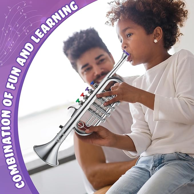 Lewtemi Silver Trumpet Musical Instruments Toy for Kid Toddler Fake Plastic Preschool Music Toy Gift Portable Wind Instrument Early Educational Teaching Songs Gifts for Toddlers Children