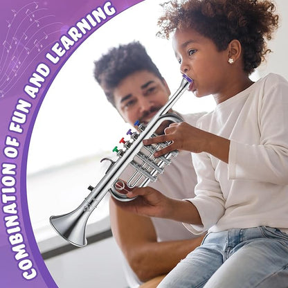 Lewtemi Silver Trumpet Musical Instruments Toy for Kid Toddler Fake Plastic Preschool Music Toy Gift Portable Wind Instrument Early Educational Teaching Songs Gifts for Toddlers Children