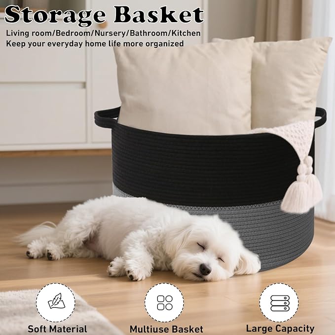 115L Large Blanket Basket,23.6"L x 23.6"W x 15.7"H Rope Woven Baskets with Handles, Toys Storage Bins,Laundry Basket Perfect for Living Room, Nursery,Bedroom,Home Organization,Black&Dark Grey