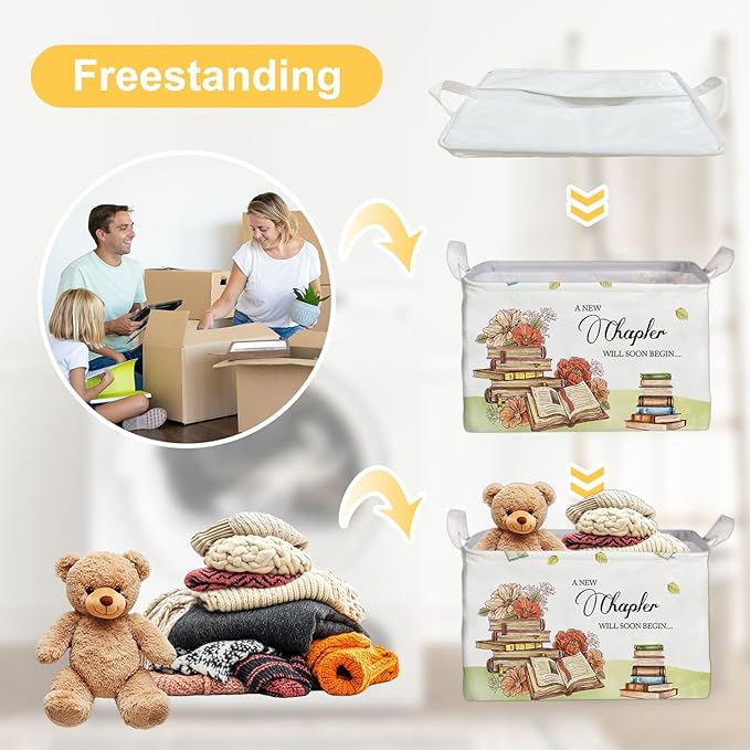 Book Theme Foldable Storage Basket with Handles, Waterproof Fabric Organizer Boxes for Toy and Book Storage, Cube Box for Nursery and Study Room, Gifts for Boys and Girls, Cute Bookshelf Decor