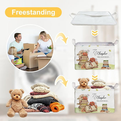 Book Theme Foldable Storage Basket with Handles, Waterproof Fabric Organizer Boxes for Toy and Book Storage, Cube Box for Nursery and Study Room, Gifts for Boys and Girls, Cute Bookshelf Decor