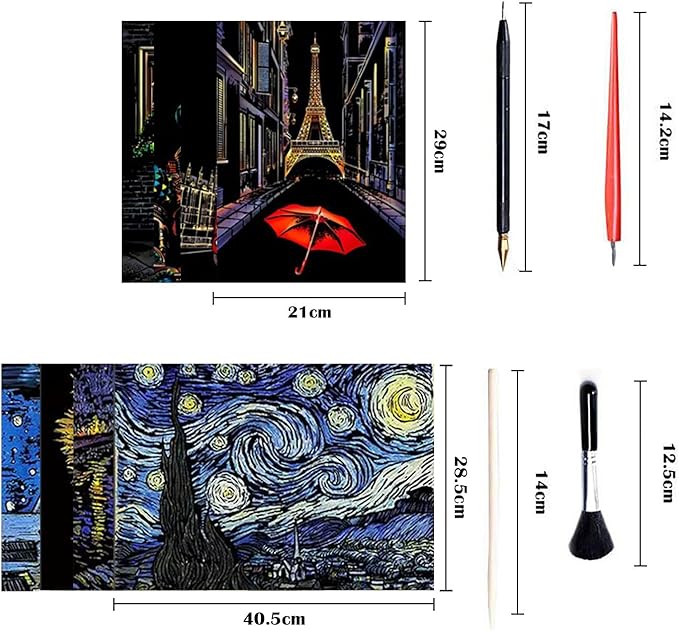 Georgie Porgy Scratch Paper Art Set for Kids Adults Magic Rainbow Scratchboards for DIY Arts and Crafts Kits Christmas Birthday Gift with Scratching Tools Kit (A3+A4-Van Gogh + Street Corner)