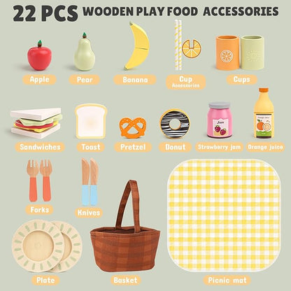 Dreamon Wooden Play Food Set - 22 Pcs Play Food Sets for Kids Kitchen with Carry Basket,Pretend Food for Toddlers,Cutting Food Toys for Toddlers for 3+ Year Old Boys and Girls Gifts