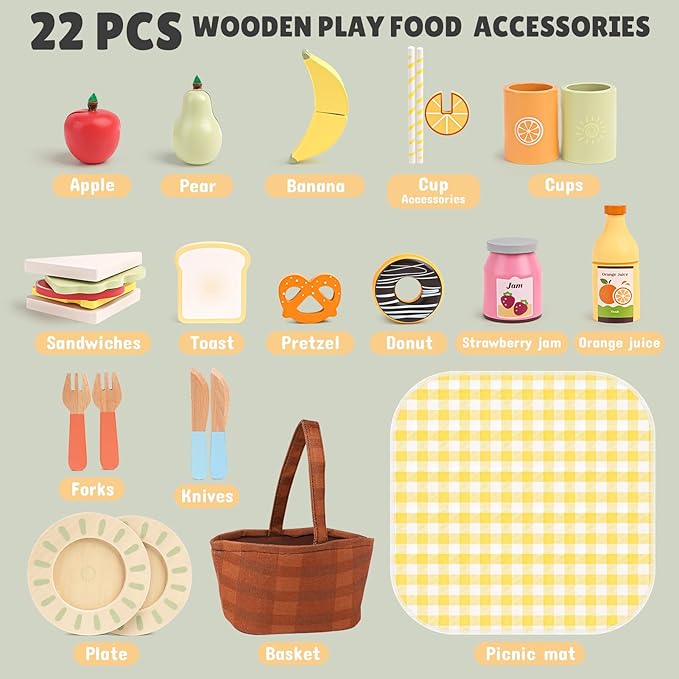 Dreamon Wooden Play Food Set - 22 Pcs Play Food Sets for Kids Kitchen with Carry Basket,Pretend Food for Toddlers,Cutting Food Toys for Toddlers for 3+ Year Old Boys and Girls Gifts