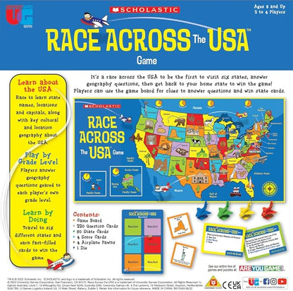 University Games, Scholastic Race Across the USA Board Game , Geography Learning Game for Kids and Families, for 2 to 4 Players Ages 8 and Up