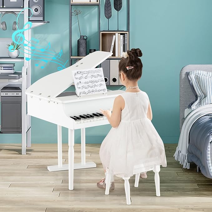 GLACER Classical Kids Piano, 30 Keys Wood Toy Grand Piano w/Bench Music Stand Full-Size Keys, Charming Tones & Sounds, Musical Instrument Educational Toy for Girls and Boys (3 Straight Leg-White)
