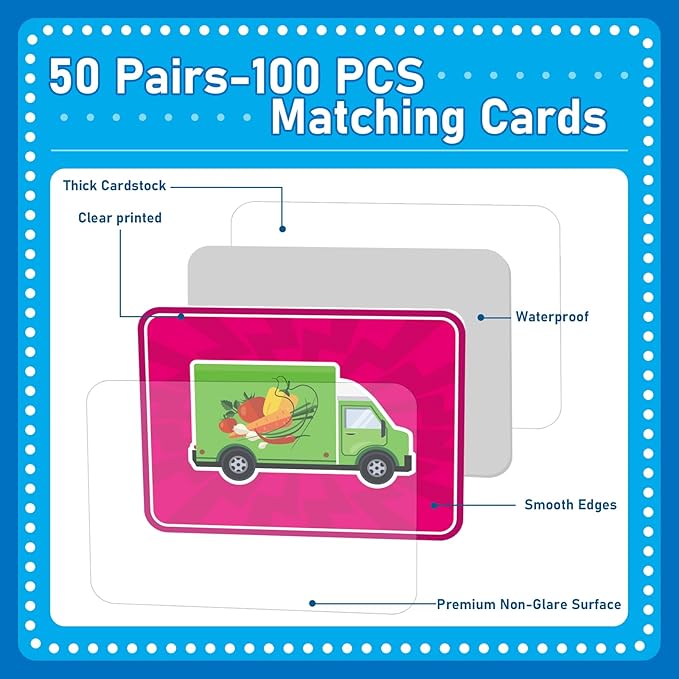 gisgfim 50 Pairs Memory Matching Game for Kids Trucks Concentration Games for Preschool Educational Ages 4-8 A Fun & Fast Vehicle Theme Memory Matching Games