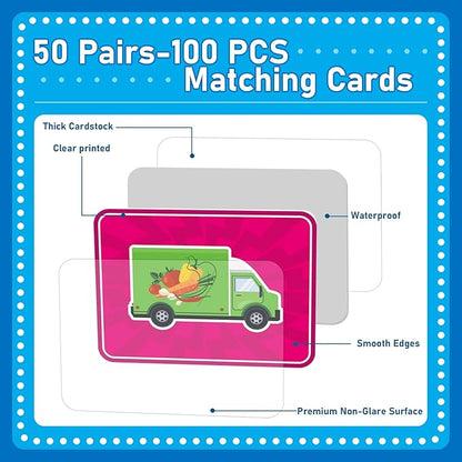 gisgfim 50 Pairs Memory Matching Game for Kids Trucks Concentration Games for Preschool Educational Ages 4-8 A Fun & Fast Vehicle Theme Memory Matching Games