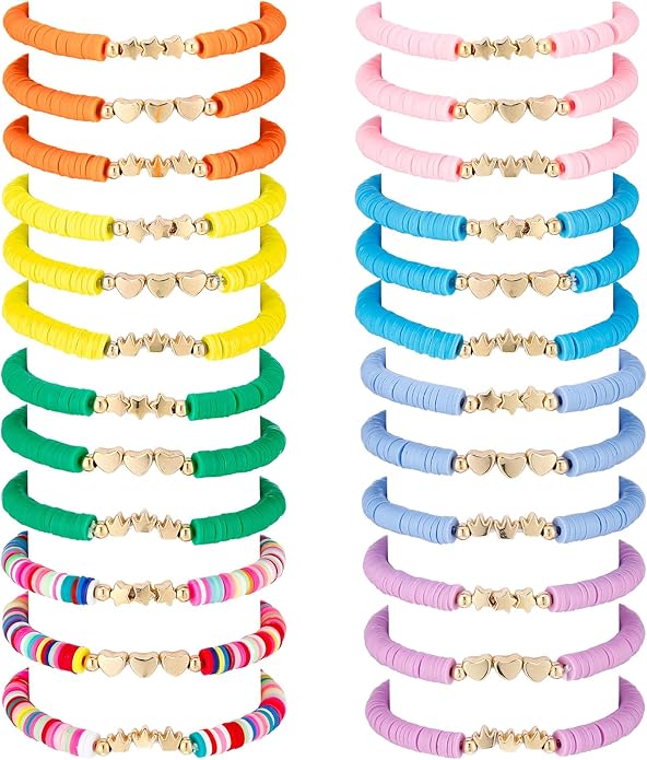 Sureio 24 Pcs Colorful Friendship Bracelets Letter Heart Smile Bracelet Surfer Bracelets Stretch Beaded Kids Bracelet for Girls Women Back to School Tween Girl Party Favors