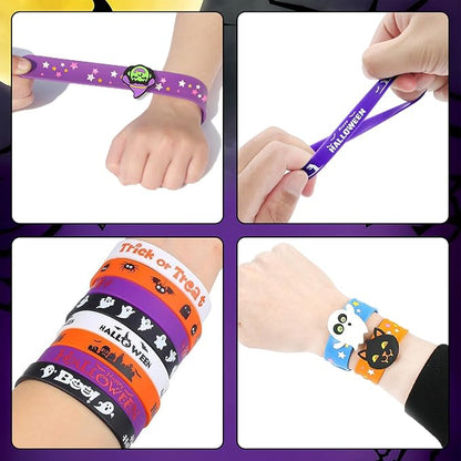 28 PCS Halloween Party Favors Silicone Bracelets Rubber Wristbands 3D Slap Bracelets Toys for kids, Halloween Favors for Boys Girls Treat Bags Children Persents Bags Filler