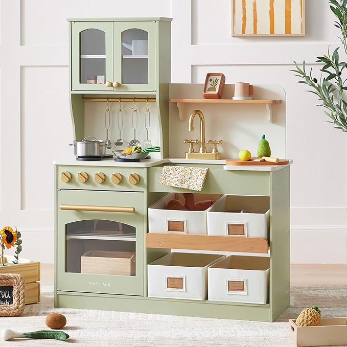 Tiny Land Play Kitchen for Kids, Wooden Play Kitchen with Toy Storage System, Toy Kitchen Set with Plenty of Play Features, Kids Play Kitchen Designed, Gift for Ages 3+ (Green)