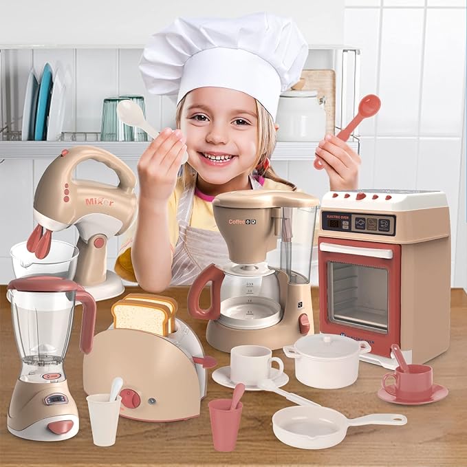 Play Kitchen Toys for 3 4 5 6 7 8 Year Old, Pretend Play Kitchen Appliances Toy Set with Blender, Coffee Maker, Mixer and Toaster,Christmas & Birthday Gifts for Kids Age 3-5 4-6 6-8 Girls