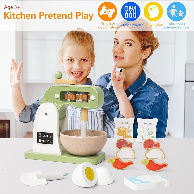 Dorjee Wooden Mixer Set, Mixer Sets for Kids Toddler, Toy Mixer Playset Play Kitchen Accessories Gift for Boys Girls Ages 3+