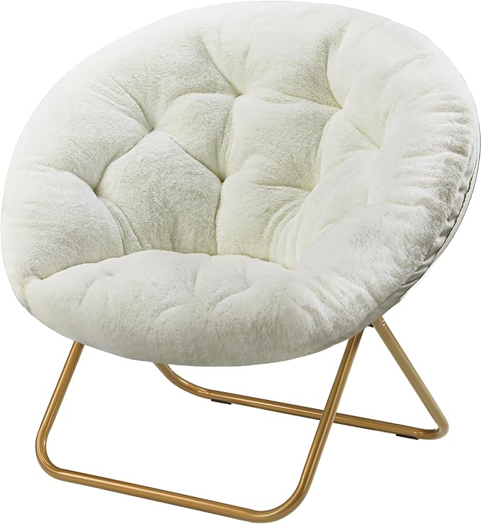 Sweetcrispy Cozy Saucer Chairs Faux Fur Living Room Reading Lounge Furniture Folding Comfy with Soft Thick Padded Seat Metal Frame Modern Style for Bedroom Home Adults, X-Large - White