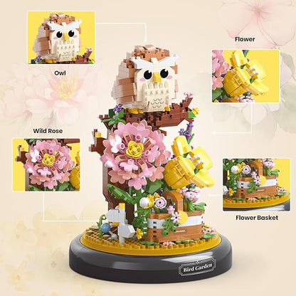 Owl Flower Bouquet Building Set for Adults, Animals Flowers Plants Decor with Dust Cover, Birthday Gift Building Toy for Boys Girls, 1123 PCS Mini Building Blocks, Not Compatible with Lego Set