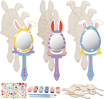 9 Pack Easter Bunny Craft for Kids Decorate You Own Bunny Mirrors for Girls DIY Coloring Hand Mirror for Wooden Easter Craft Project Easter Hunt Gifts