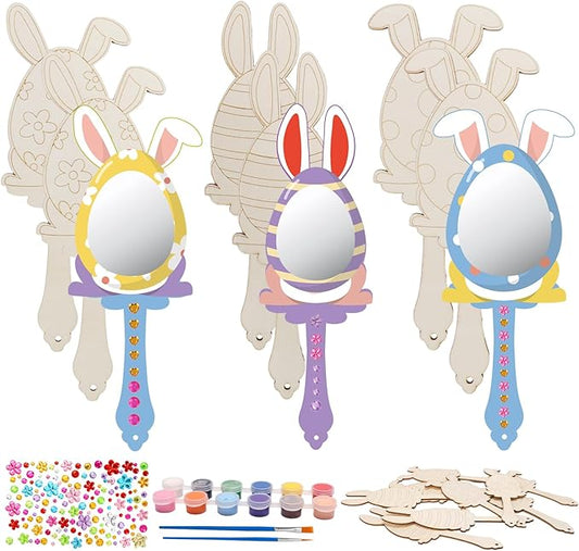 9 Pack Easter Bunny Craft for Kids Decorate You Own Bunny Mirrors for Girls DIY Coloring Hand Mirror for Wooden Easter Craft Project Easter Hunt Gifts