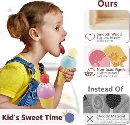 HERSITY Wooden Ice Cream Stand for Kids, Ice Cream Popsicle Toy Pretend Play Food Kitchen Accessories Playset Ice Lolly Shop Games for Toddlers Girls Boys 3 4 5 Years Old