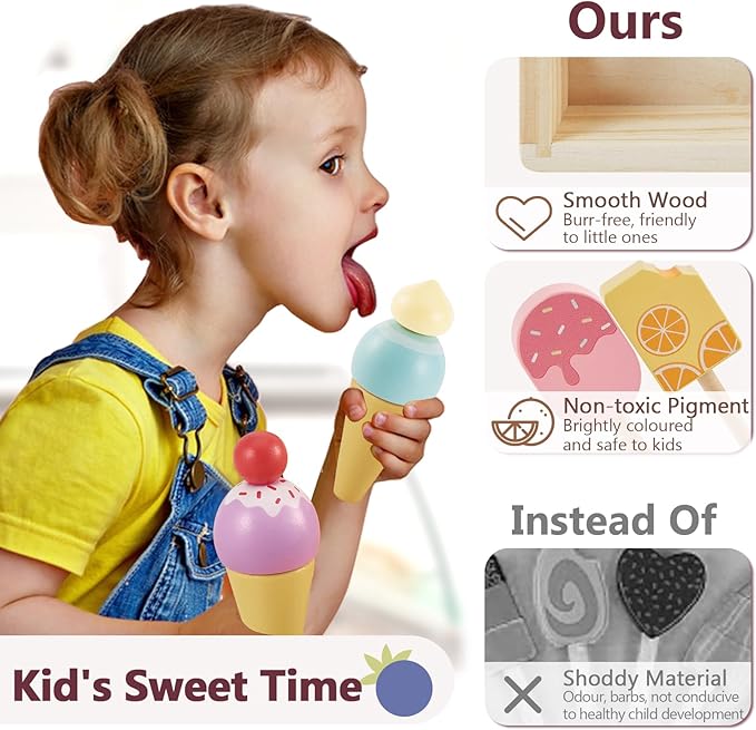 HERSITY Wooden Ice Cream Stand for Kids, Ice Cream Popsicle Toy Pretend Play Food Kitchen Accessories Playset Ice Lolly Shop Games for Toddlers Girls Boys 3 4 5 Years Old