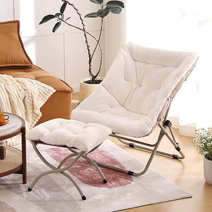 Comfy Saucer Chair with Ottoman, Oversized Folding Faux Fur Chair Soft Furry Lounge Lazy Chair with Metal Frame Moon Chair Accent Chair for Bedroom, Living Room, Dorm Rooms
