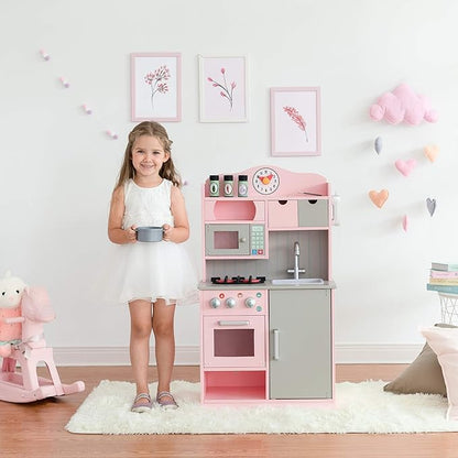 Teamson Kids Little Chef Florence Classic Interactive Wooden Play Kitchen with Accessories and Storage Space for Easy Clean Up, Pink with Gray Accents