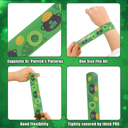 KIMOBER 48PCS St. Patrick's Day Slap Bracelets,Green Snap Wristbands with Sharmrock Cauldron for Kids Party Favors