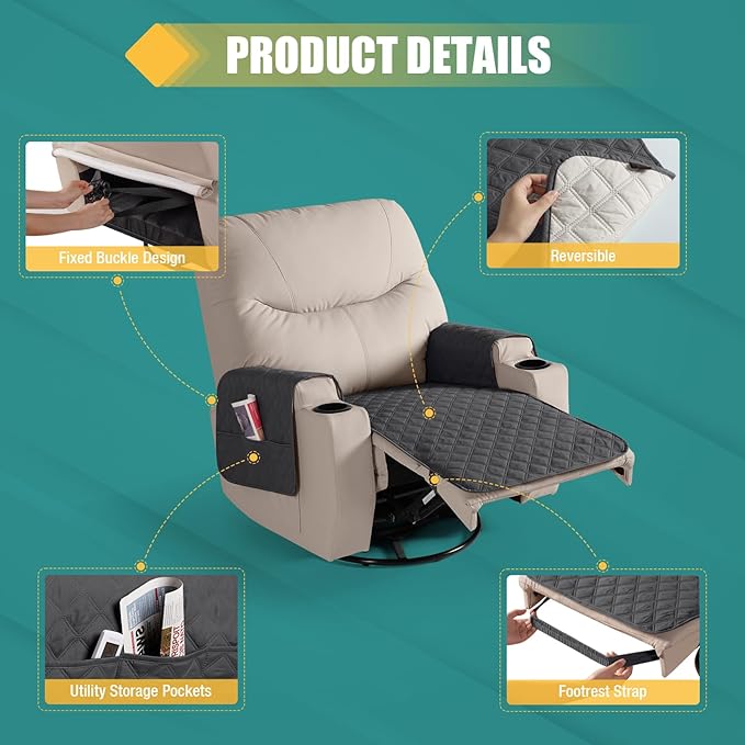 Ruaozz Waterproof Recliner Chair Covers Non Slip Chair Covers Recliner Seat Cover with Arms Washable Recliner Covers for Reclining Chair with Pockets (Charcoal Grey, Small-22'')