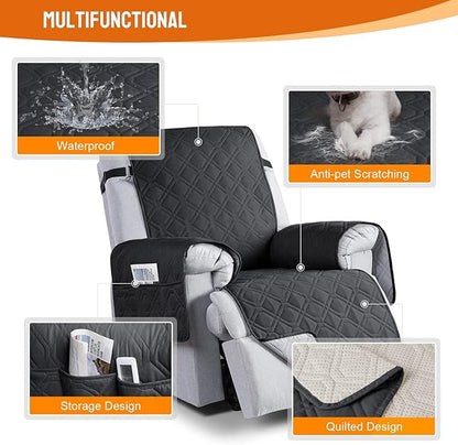 VANSOFY 100% Waterproof Recliner Chair Covers, Recliner Cover Non-Slip Dog Chair Cover Furniture Protector Washable Slipcover with Pocket, Elastic Straps for Pets, Dogs(Black, 28")