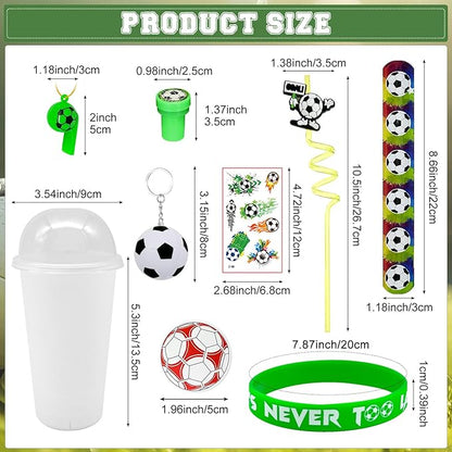 Cinrobiye 146 Pcs Soccer Party Favors, Sports Party Supplies with Cup Straw Soccer Keychain Tattoo Sticker Slap Bracelet Whistle Treat Bag Gifts for Classroom Rewards Soccer Birthday Party (Soccer)