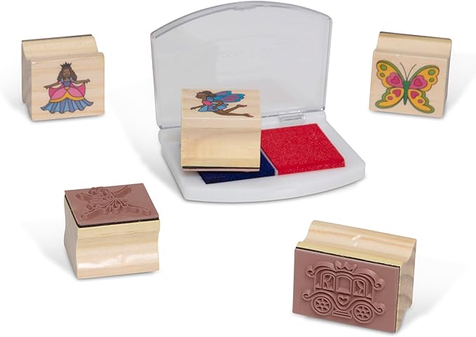 Melissa & Doug Deluxe Wooden Stamp and Coloring Set – Fairy Tale (30 Stamps, 6 Markers, 2 Durable 2-Color Pads) - Fairy Tale-Themed Stamps For Kids Activity Set