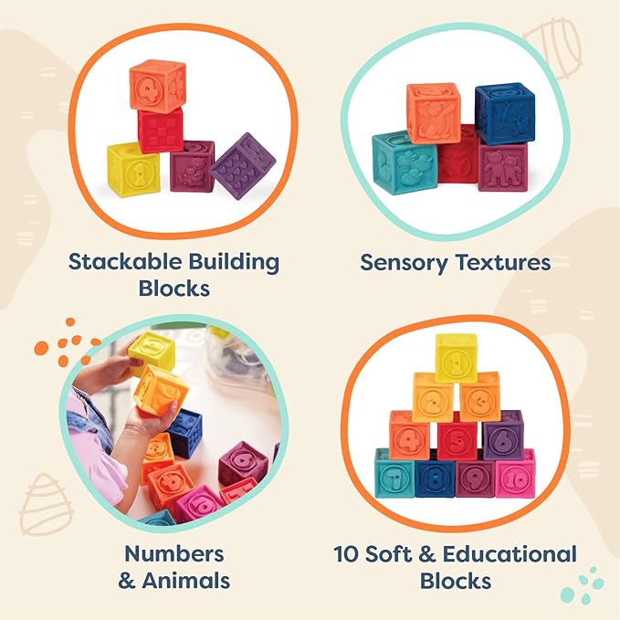 B. toys – Baby Blocks – Stacking & Building Toys For Babies – 10 Soft & Educational Blocks- Numbers, Shapes, Colors, Animals- One Two Squeeze- 6 Months +