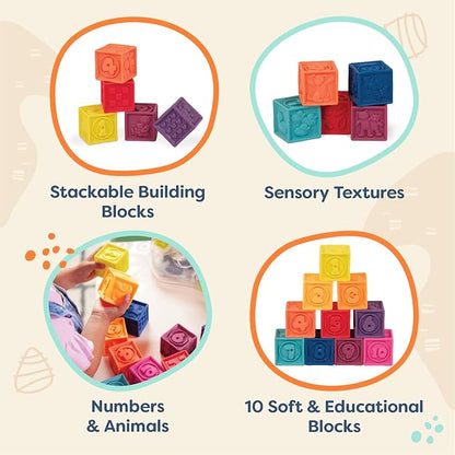 B. toys – Baby Blocks – Stacking & Building Toys For Babies – 10 Soft & Educational Blocks- Numbers, Shapes, Colors, Animals- One Two Squeeze- 6 Months +