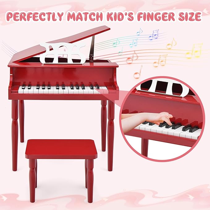Goplus 30-Key Classical Kids Piano, Mini Grand Piano Wooden Learn-to-Play Musical Instrument Toy with Bench, Piano Lid, Music Rack, Gift for Boys Girls Aged 2+ Baby Toddler (4 Straight Leg-Red)