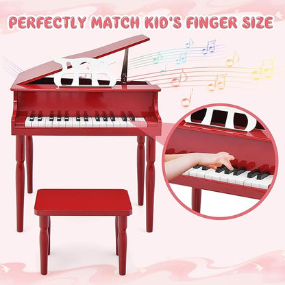 Goplus 30-Key Classical Kids Piano, Mini Grand Piano Wooden Learn-to-Play Musical Instrument Toy with Bench, Piano Lid, Music Rack, Gift for Boys Girls Aged 2+ Baby Toddler (4 Straight Leg-Red)