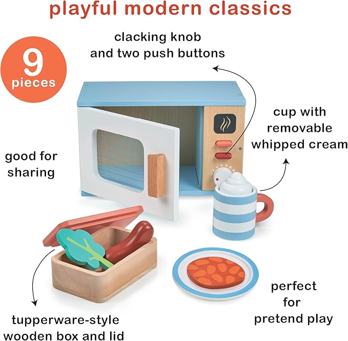 Mentari Toys - Toy Microwave - 9pc Wooden Microwave Set with Pretend Play Food - Kids Role Play Kitchen Accessories - Improve Social and Communication Skills - Sparks Creativity - Age 3+