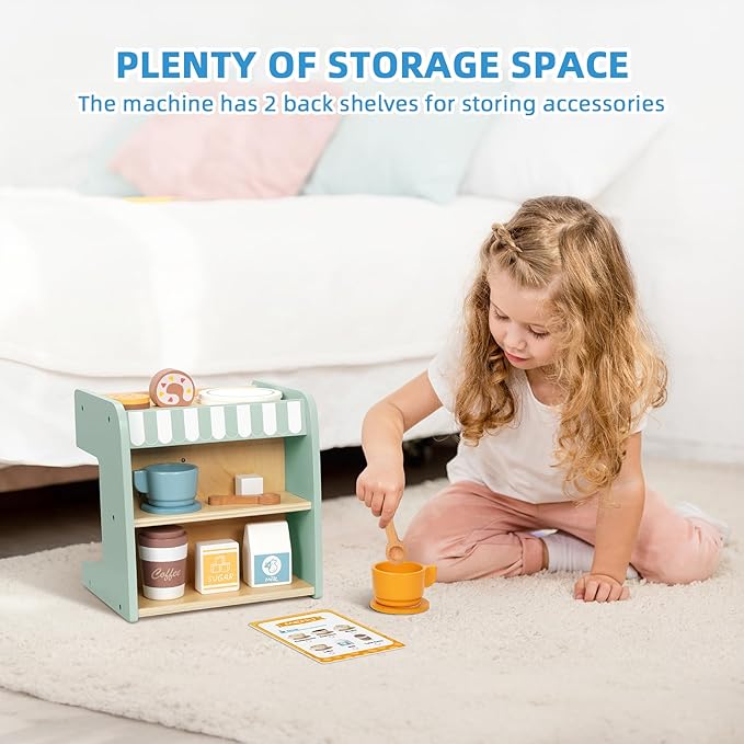 2-in-1 Kids Wooden Toy Coffee Maker Playset, Toddler Pretend Play Kitchen Food Small Coffee Shop with 28 Pcs Play Kitchen Accessories for Girls & Boys