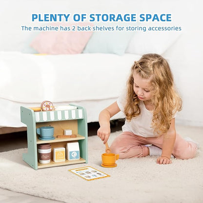2-in-1 Kids Wooden Toy Coffee Maker Playset, Toddler Pretend Play Kitchen Food Small Coffee Shop with 28 Pcs Play Kitchen Accessories for Girls & Boys