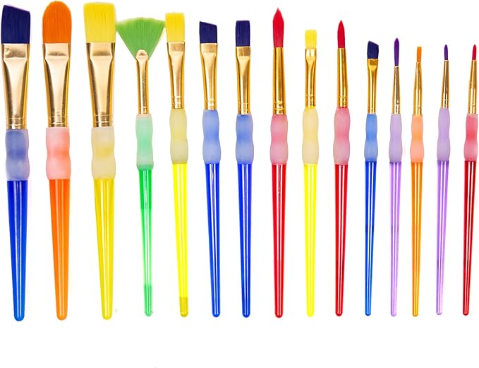 Horizon Group USA E-Z Grip Paint Brushes - 15 All Purpose Easy Grip Paint Brushes, Soft Rubber Grip Handle, Great with Watercolor, Acrylic & Washable Paints. Assorted Multicolored