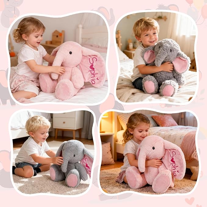 Personalized Gray Elephant Stuffed Animal with Name Embroidery – Soft Plush Toy with Poseable Limbs, Custom Gift for Baby Boys & Girls, Baby Shower & Birthday
