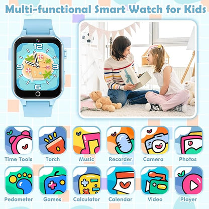 Luyiilo Smart Watch for Kids, with 26 Puzzle Games, Touch Screen, HD Camera, Alarm Clock, Toys for Ages 4-12 Years Old.Birthday Gift for Boys Girls (Soft Blue)