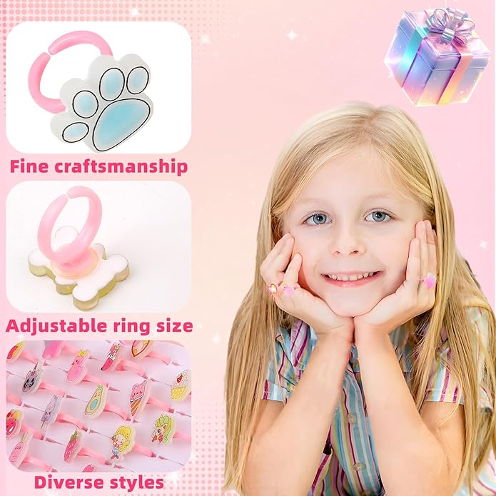 Little Girl Jewel Rings, Adjustable Pink Rings Girls Kids Pretend Play and Dress up Jewelry Set, Cute Rings with Display Case Party Favors Toys Gifts
