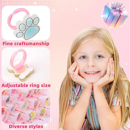 Little Girl Jewel Rings, Adjustable Pink Rings Girls Kids Pretend Play and Dress up Jewelry Set, Cute Rings with Display Case Party Favors Toys Gifts