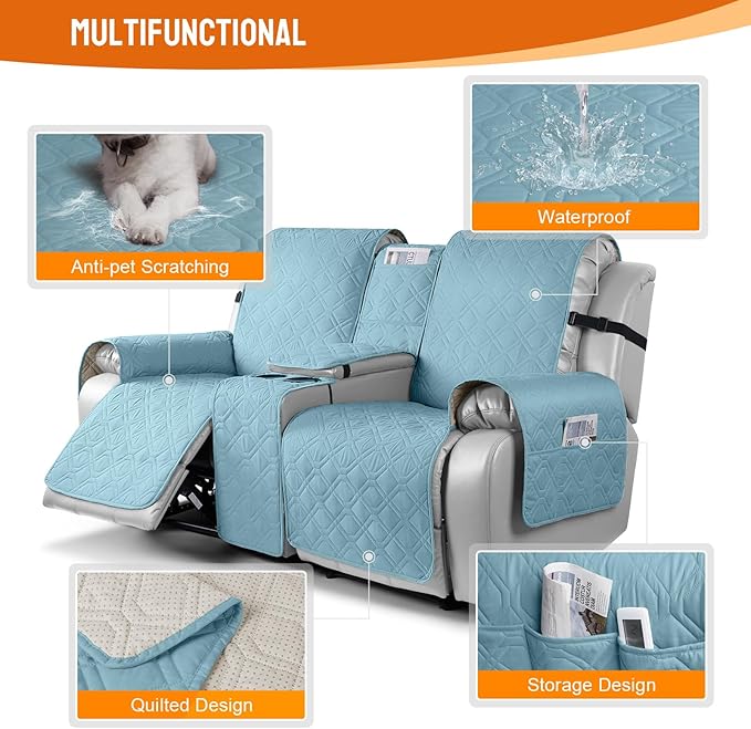 VANSOFY Loveseat Recliner Cover with Console 100% Waterproof Sofa Slipcovers Non-Slip Reclining Couch Cover Split Sofa Covers Furniture Protector for Pets, Dogs(Azuree)